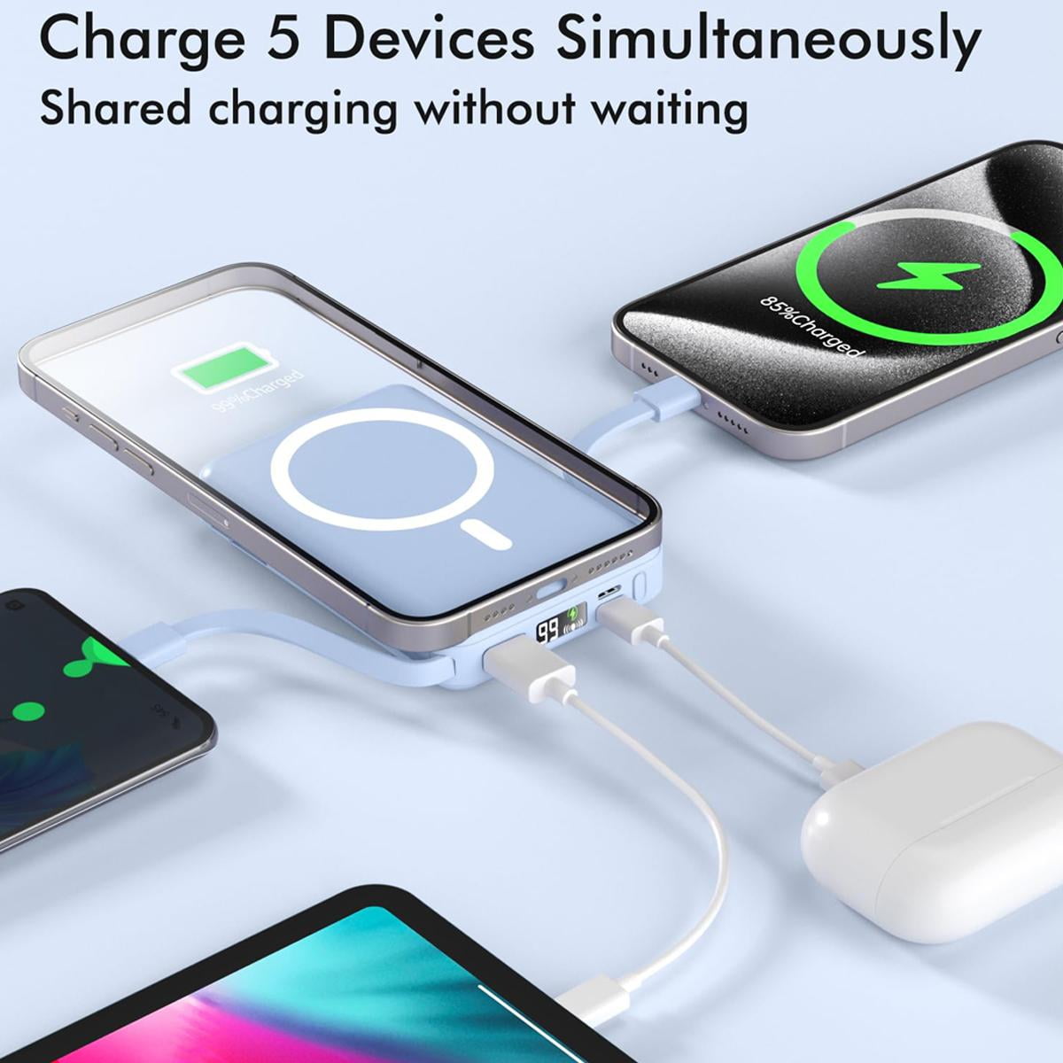 Podoru Wireless Portable Charger, 10000mAh Magnetic Power Bank Built-in USB C Lighting Cables 22.5W PD Fast Charging LED Display Battery Pack for for iPhone 16/15/14/13/12 - Blue