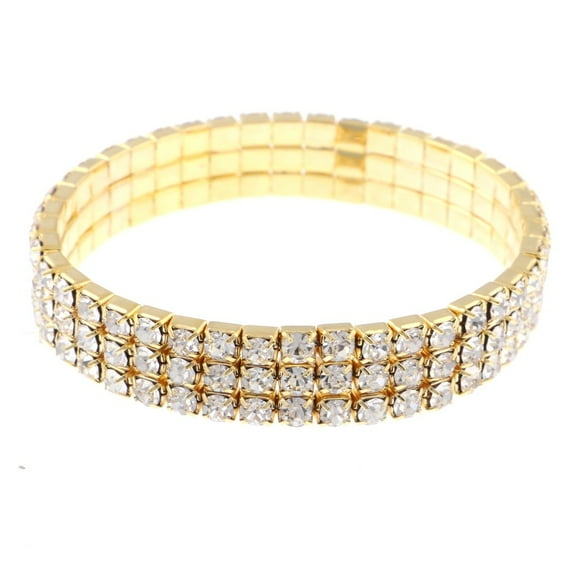 Three Strand Rhinestone Stretch Bracelet Gold Clear