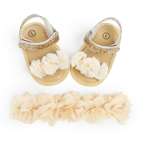 

0-18M Infant Newborn Baby Girls Sandals Floral Summer Solid Color Anti-slip First Walker Soft Sole Crib Princess Shoes+Headband 2Pcs Set