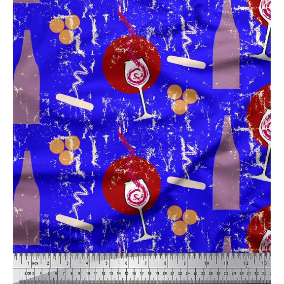 Soimoi polyester Crepe Fabric Dot,Wine Glass & Bottle Decor Fabric Printed Yard 42 Inch Wide