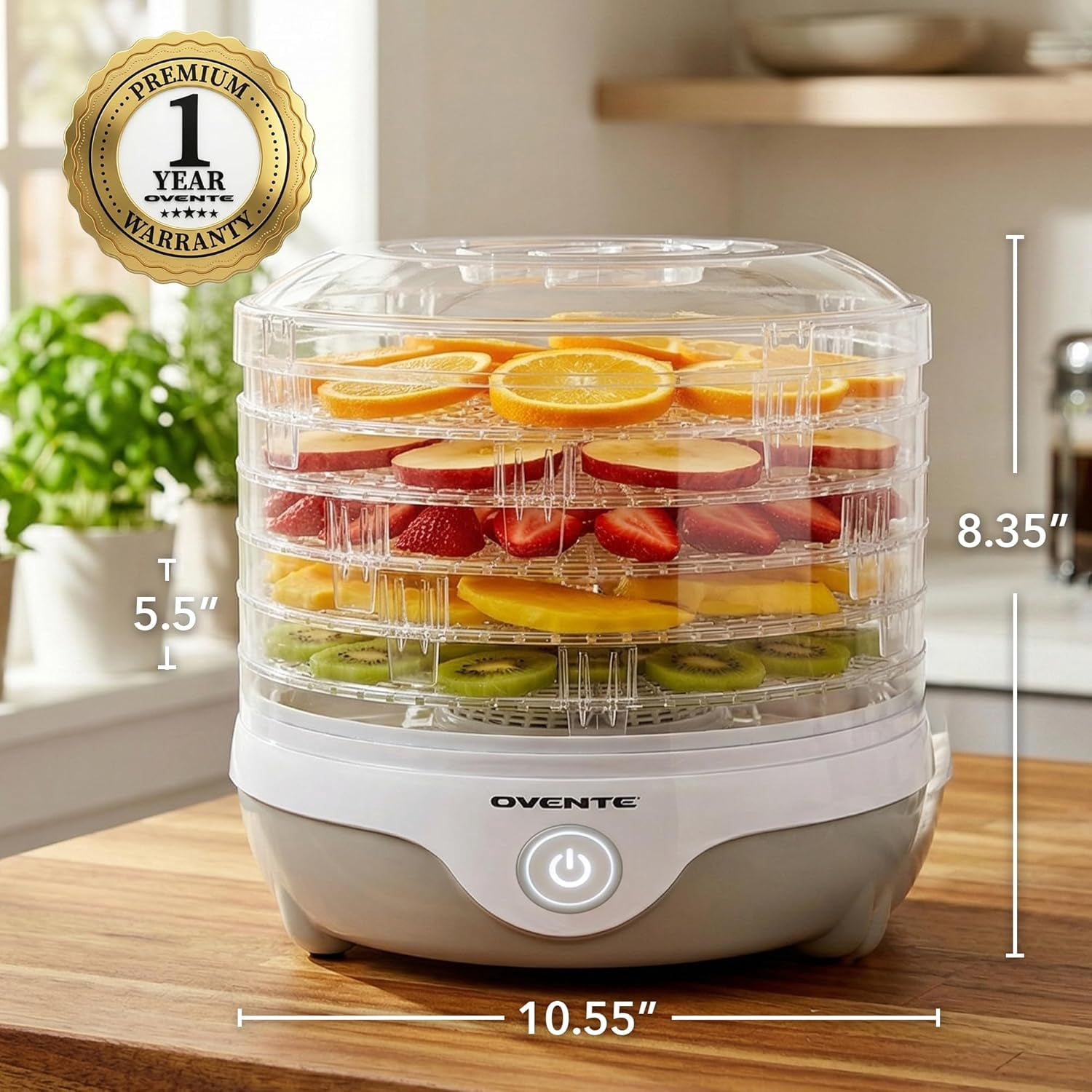 OVENTE Food Dehydrator Machine with 5 Stackable Clear Trays and Drying Space, 240W Electric Food Preserver and Dryer for Snacks, Beef Jerky, Fruits, Veggies, Yogurt and Herbs, Grey DF215GY
