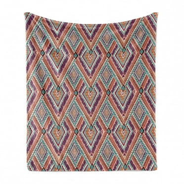 Tribal Soft Flannel Fleece Throw Blanket, Retro Diagonal Ethno Pattern with Geometric Shapes Artwork, Cozy Plush for Indoor and Outdoor Use, 70" x 90", Purple and Teal, by Ambesonne
