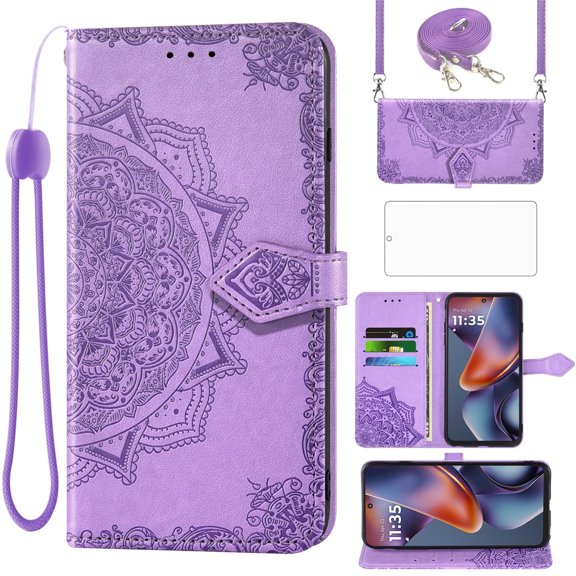 Asuwish Screen Protector Included Mandala Flower Hard Shell Wallet Cell Phone Case with Tempered Glass Screen Protector for Motorola Moto G 5G 2025, Purple