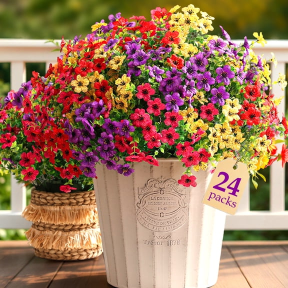 24 Bundles Artificial Flowers Faux Plants Outdoor Fake Flowers Spring Summer Decoration,Artificial Outdoor Flowers Fake Silk Mix Colorful Daisy Eucalyptus Realistic UV Resistant for Outside Planter