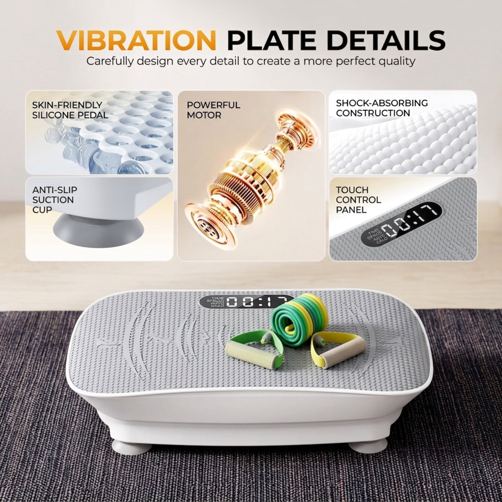 Fenbeli White Vibration Plate Exercise Machine, Whole Body Vibration Platform with Bluetooth, Remote Control, 2 Yoga Straps, 5 Resistance Bands, 450 lb Capacity