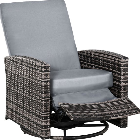 Patio Recliner Chair, 360° Swivel, Water Cushions, Gray For Outdoor Relax, Backyard, Poolside Swivel Reclining , Lifting Footrest, Rotation Lawn Enjoyment