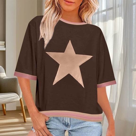 Weiqiqre Tops for Women Trendy Graphic Half Sleeve Drop Shoulder Crewneck Oversized T Shirt Tops