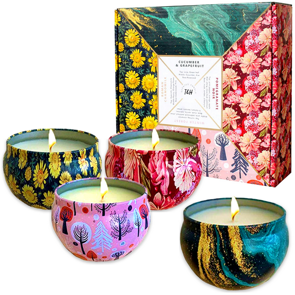 Cucumber Grapefruit, Pomegranate, Chamomile, and Winter Forest Candle Gift Set | Aromatherapy Candle Set of 4 x 6 Oz Small Soy Candles, Relaxing Candles Gifts for Women, Tin Candles Party Favors