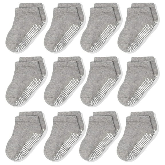 CozyWay Toddler Socks - Non-Slip Gripper Soles & Reinforced Toe for Safe Play - Soft Cotton Low-Cut Design - 1T-3T, Gray, 12 Pack