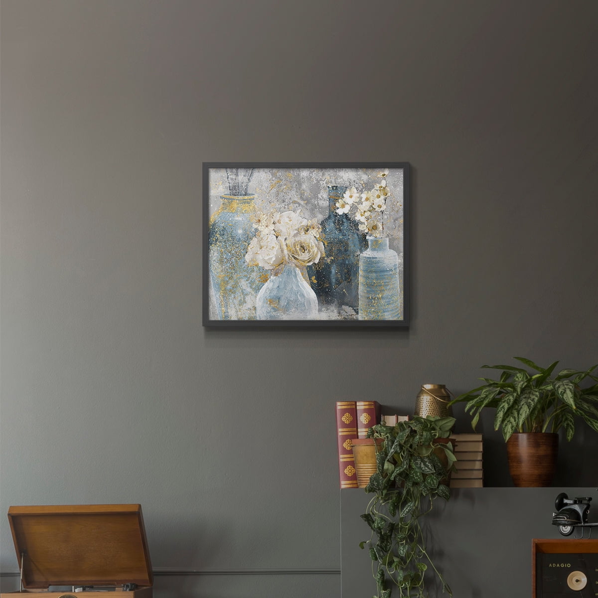 Vessels and Blooms Blues by Nan - Restickable Framed Giclée Print