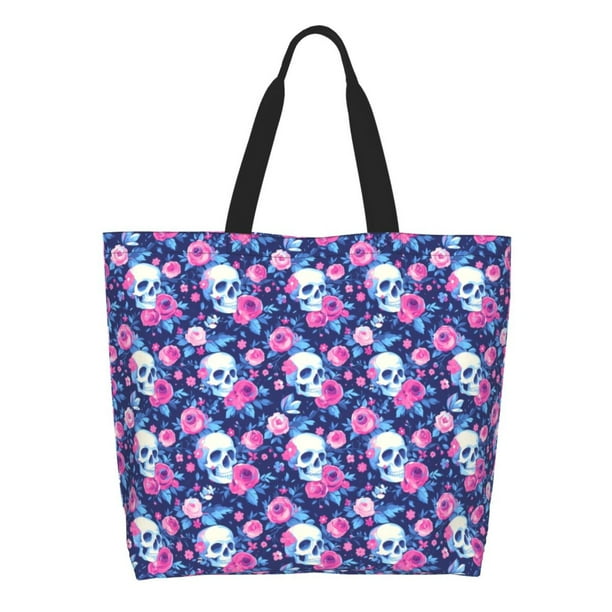 Disketp Skull Flower Bolsa Tote Estampada para Mujer, Bolso de Hombro y de Mano para Compras y Viajes
