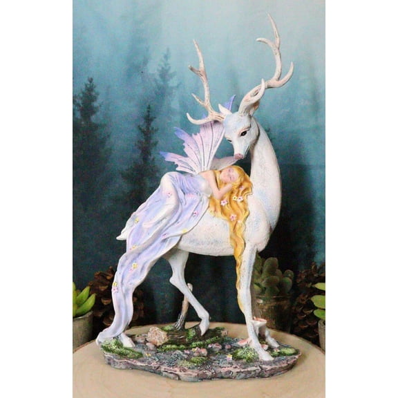 Ebros Large Blonde Fairy Sleeping On Sacred Capiz Blue Pearl Stag Elk Statue