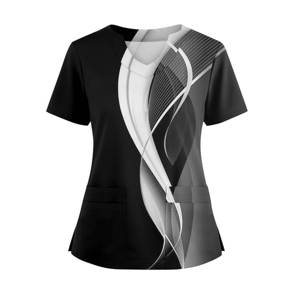 Scrubs For Women, Plus Size Loose Fit V Neck Short Sleeve Nursing Scrubs Top With Floral & Geometric Print,Side Slit Design Work Casual Clinic Petite Scrub Pants Set Bodysuit (XXL, Black) ZMTing