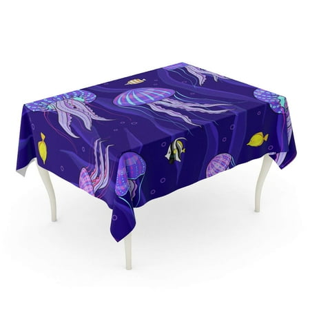 

KDAGR Blue Fish Sea Jellyfish on Dark Purple Yellow Jelly Abstract Aquarium Tablecloth Table Desk Cover Home Party Decor 60x84 inch