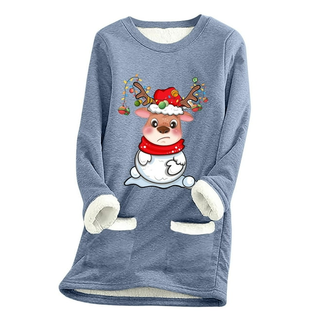 WEAIXIMIUNG Sweatshirts Courts pour Femmes Grande Taille Pull Thermique à Manches Longues Col Rond avec Poche