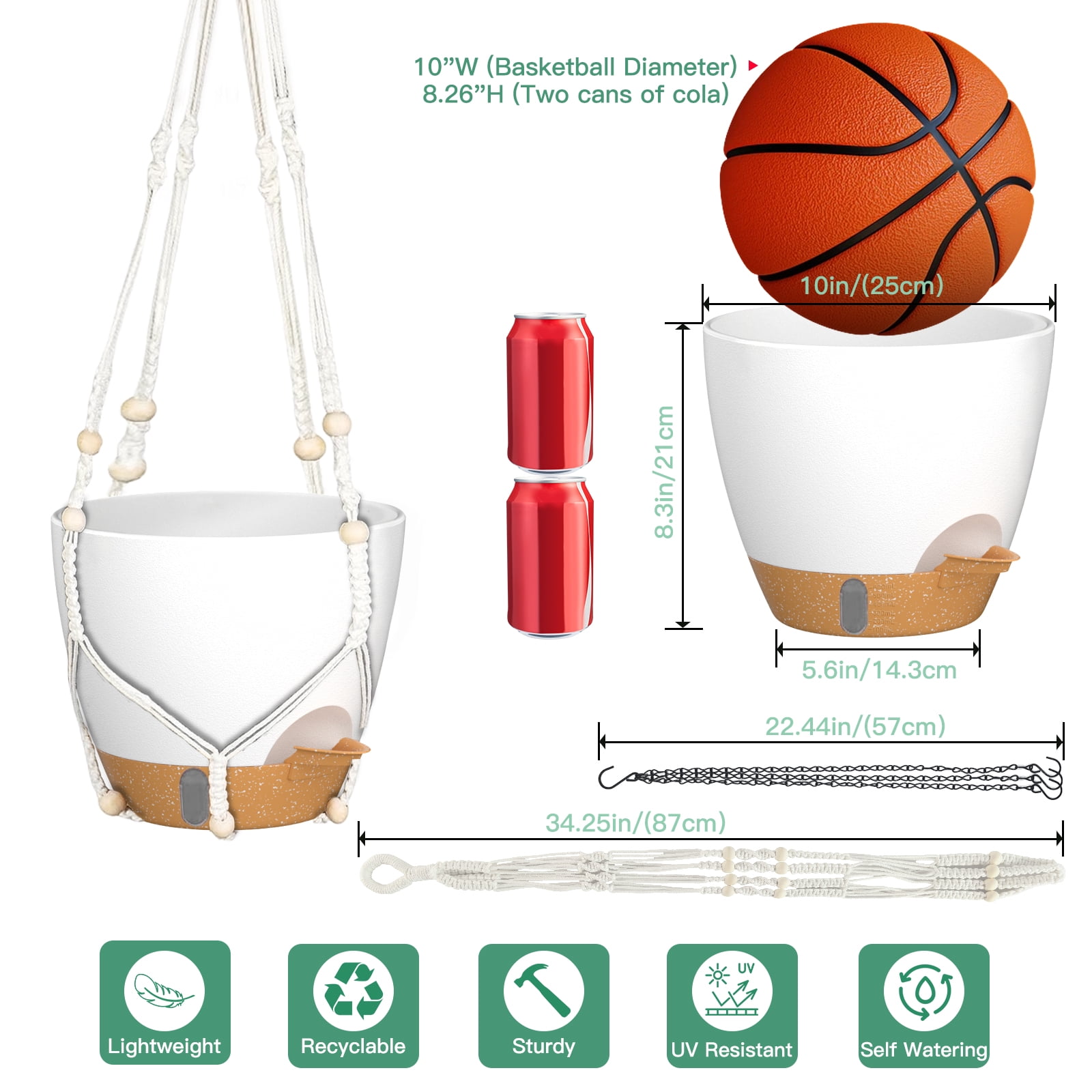 FIASON 2 Pack 10 Inch White Self-Watering Hanging Planters, Indoor Outdoor Flower Pots with Visual Reservoir, Drainage Holes & 2 Types of Plant Hangers for Garden Home Decor