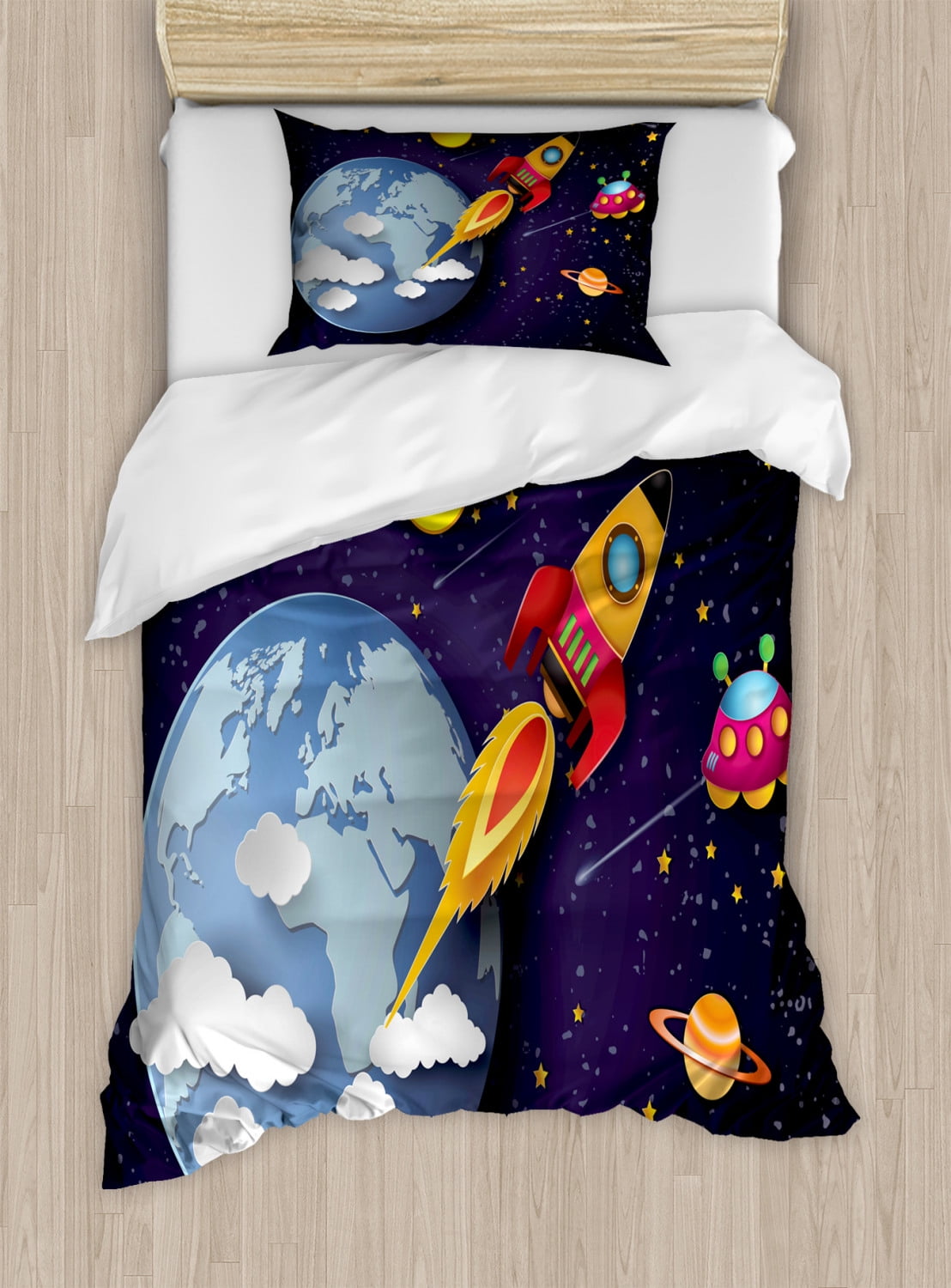 Outer Space Duvet Cover Set Twin Size, Rocket on System with