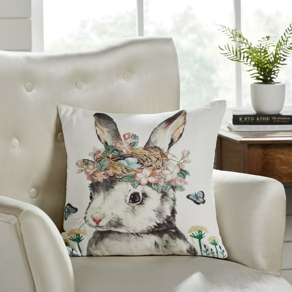 VHC Brands Easter Garden Bunny Farmhouse Throw Pillow, Grey Pink Creme, 18x18