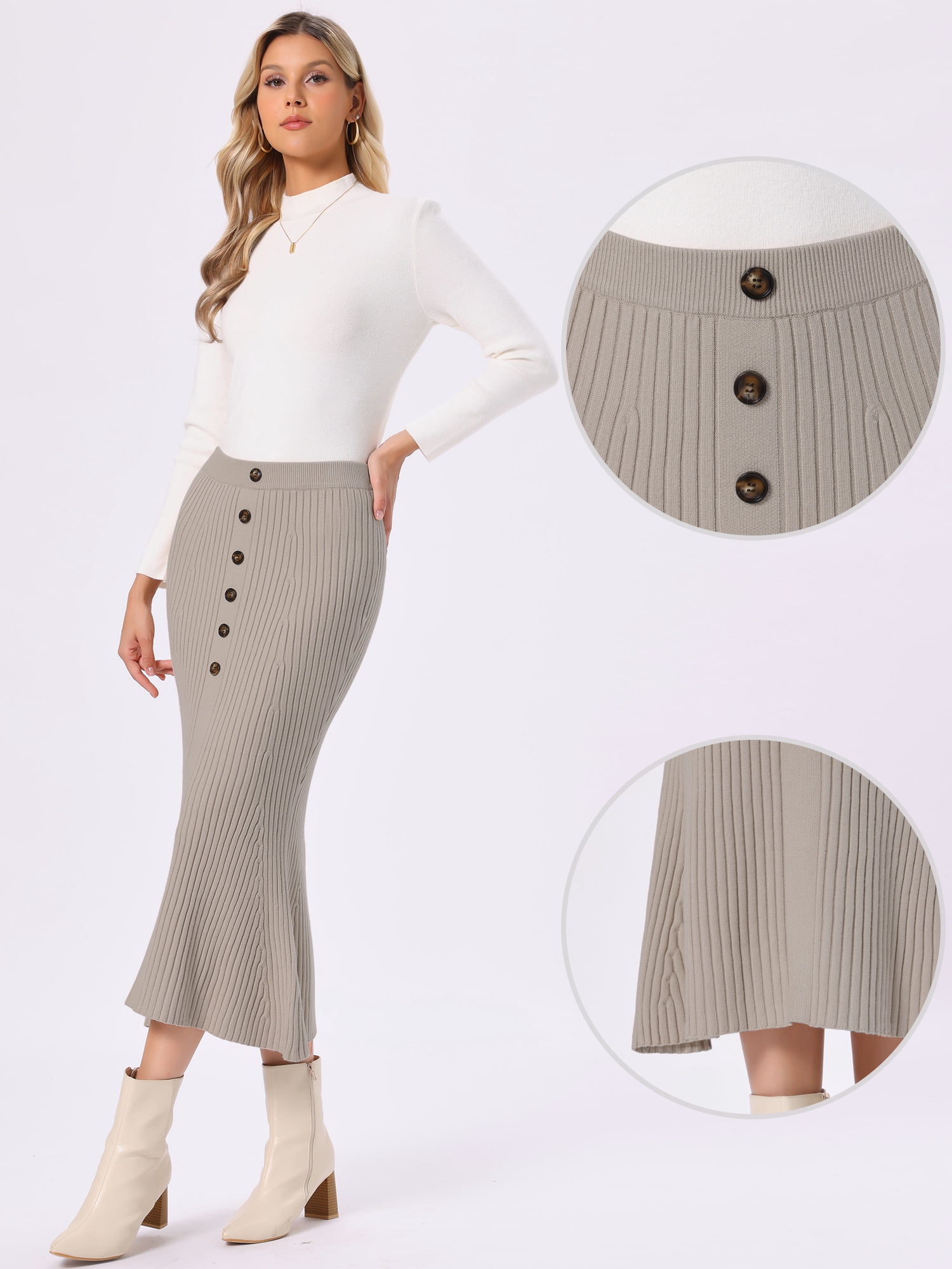DARING DIVA Women's Knit Maxi Skirt Elastic Waist Ribbed Fishtail Skirt S Khaki