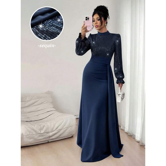 Navy Blue Elegant Sequin Long Sleeve High Neck Wrap Waist Maxi Dress For Banquet Party Wedding Guest