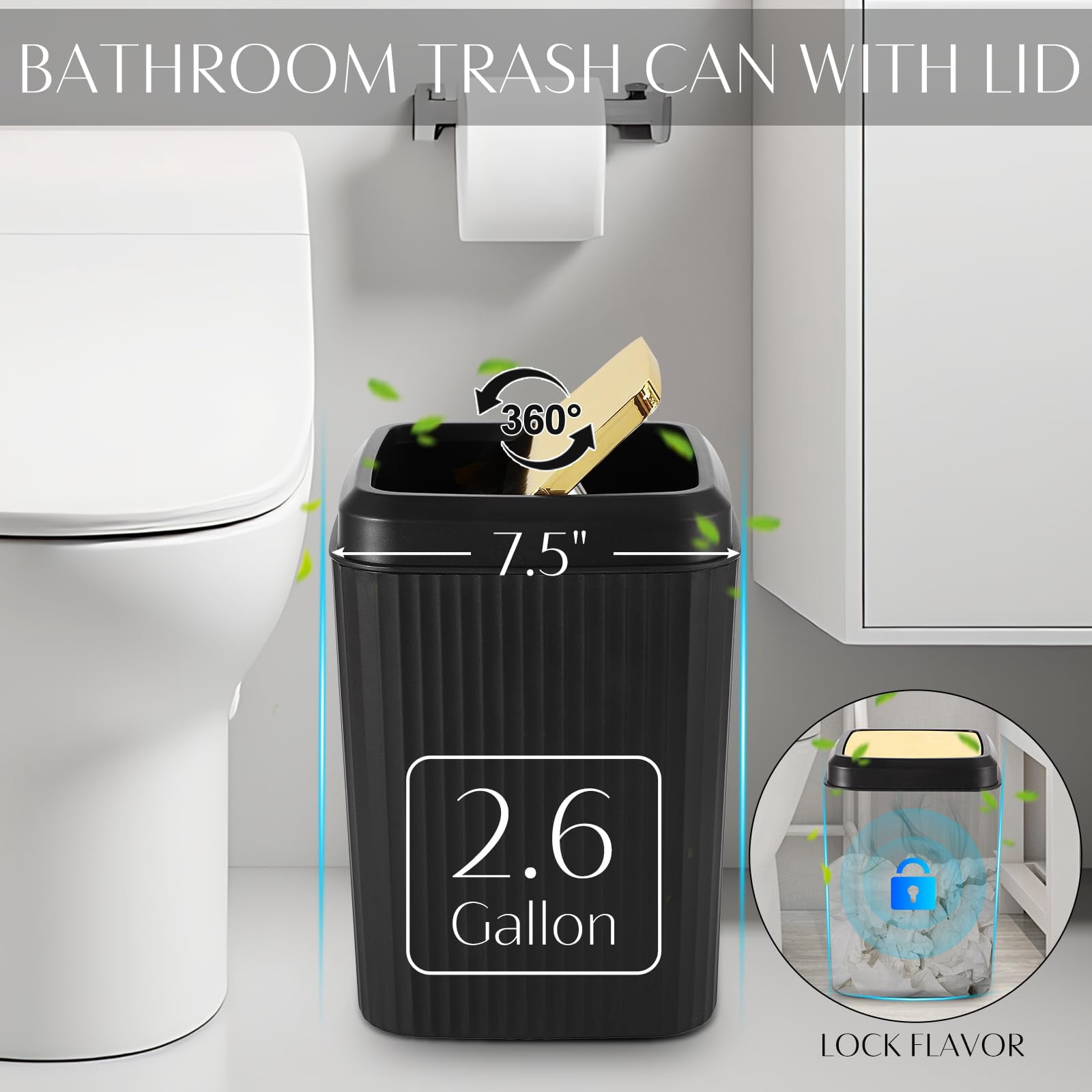 17PCS Bathroom Accessories Bathroom Set Black Bathroom Accessories,Toilet Brush, Trash Can, Qtip Holder Dispenser& 3PCS Soap Dispenser