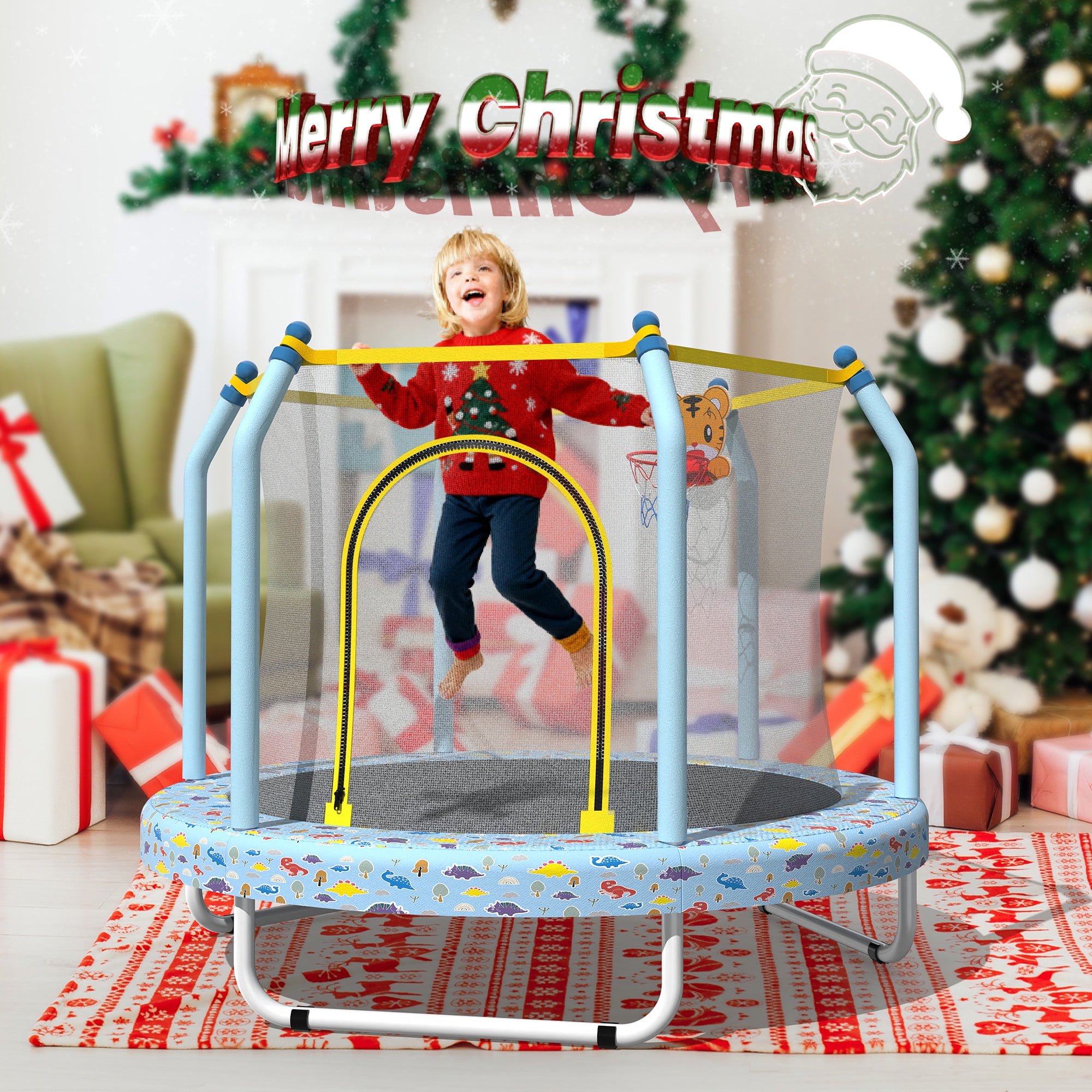55" Trampoline with Enclosure for Kids, SEGMART Indoor Outdoor Toddler Trampoline with Basketball, Indoor Outdoor Kids Trampoline with Basketball Hoop, Small Round Trampoline for Boys Girls