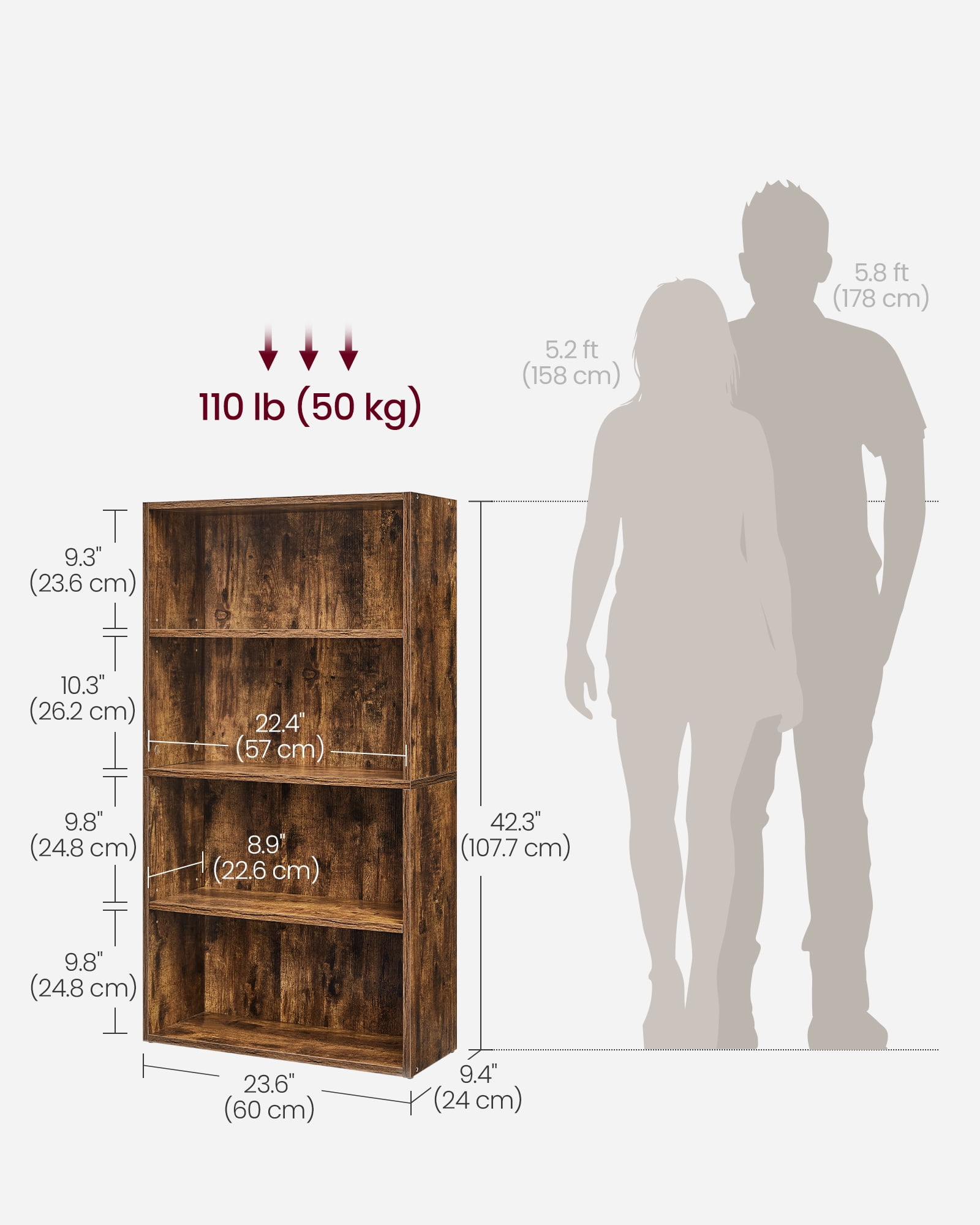 Cube Storage Organizer 4-Tier Bookshelf Bookcase with Adjustable Storage Shelves Rustic Brown