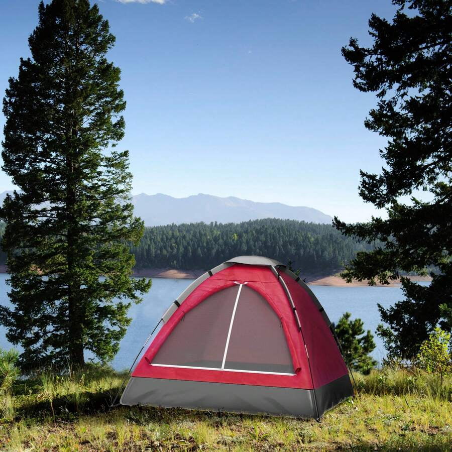 Outdoors 2-Person Camping Tent With Rain Fly & Carrying Bag, Lightweight Waterproof Outdoor Tent For Backpacking, Hiking, Beach, Travel, Red