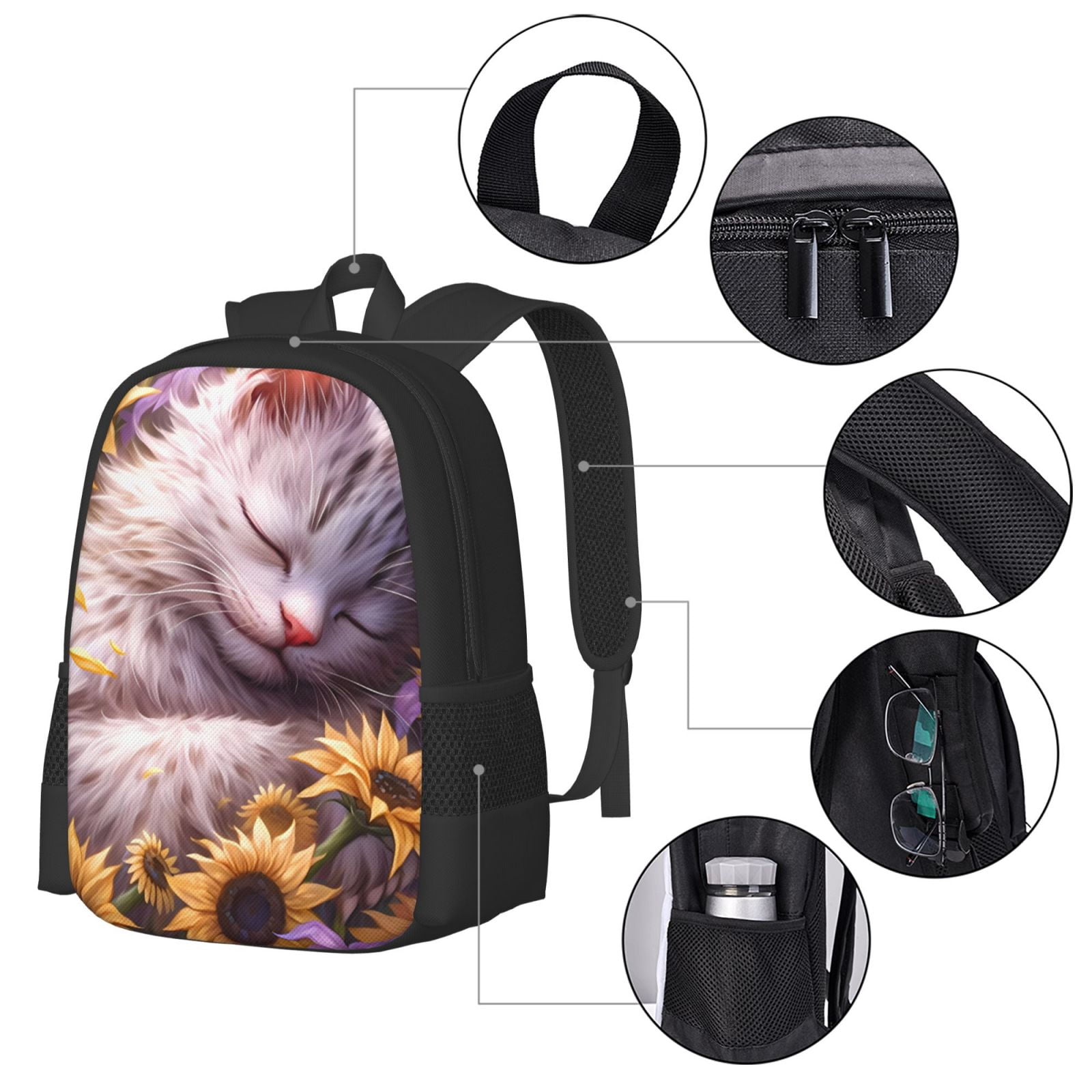 Ratiio Warm Sunflower Sleeping Cat Backpack for Men and Women - Durable 600D Oxford Cloth -Large Capacity, Water-Resistant School, Travel, and Hiking Bag