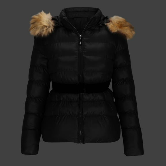 Dolkfu Jacket Women Hooded Cropped Black Puffer Jacket Slim Fit Cotton Belted Outerwear Womens Coats Winter L