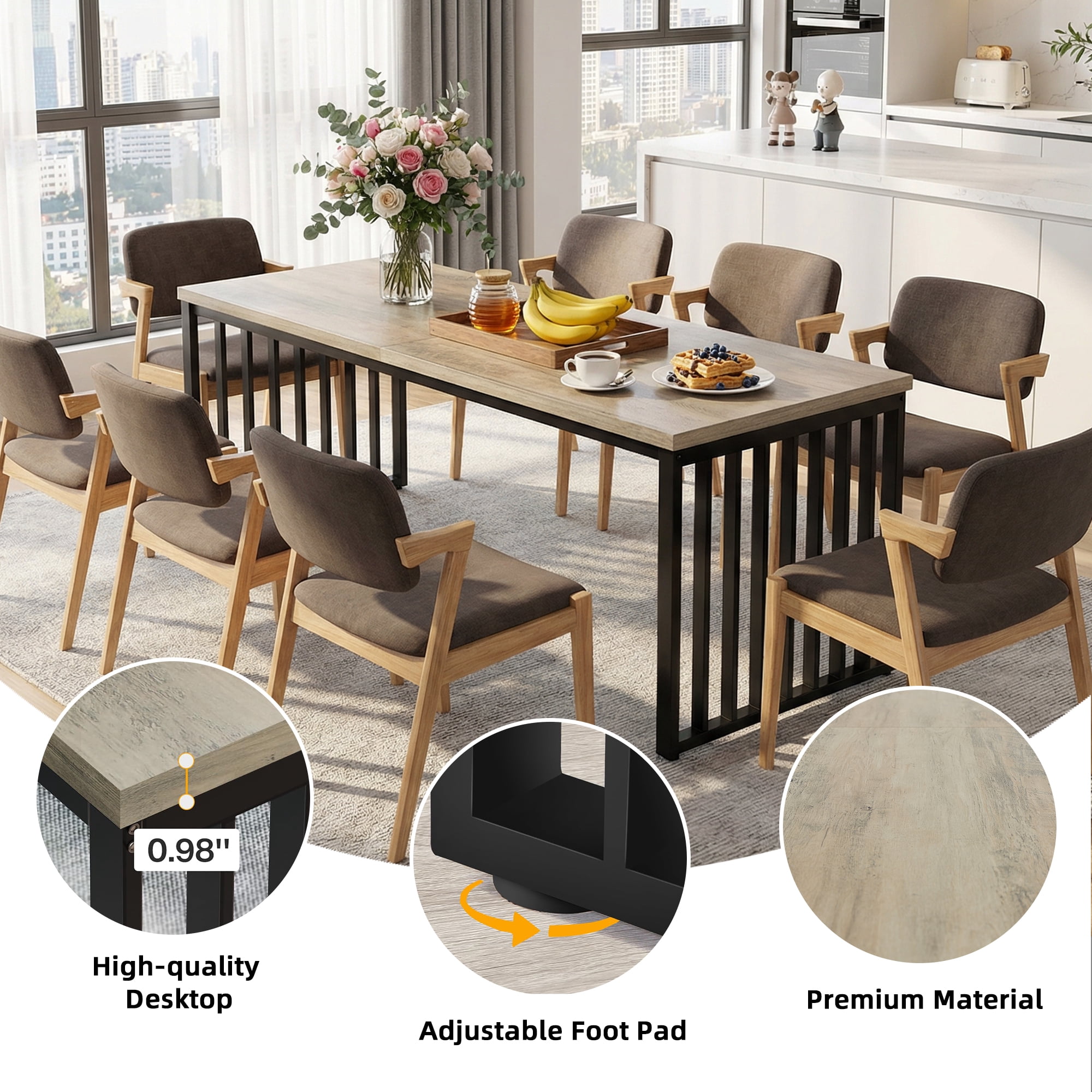 MAYEERTY 78.74 Inch Rectangular Industrial Dining Table, Rustic Wood Grain Kitchen Dinner Table with Black Metal Frame for 6 to 8 People