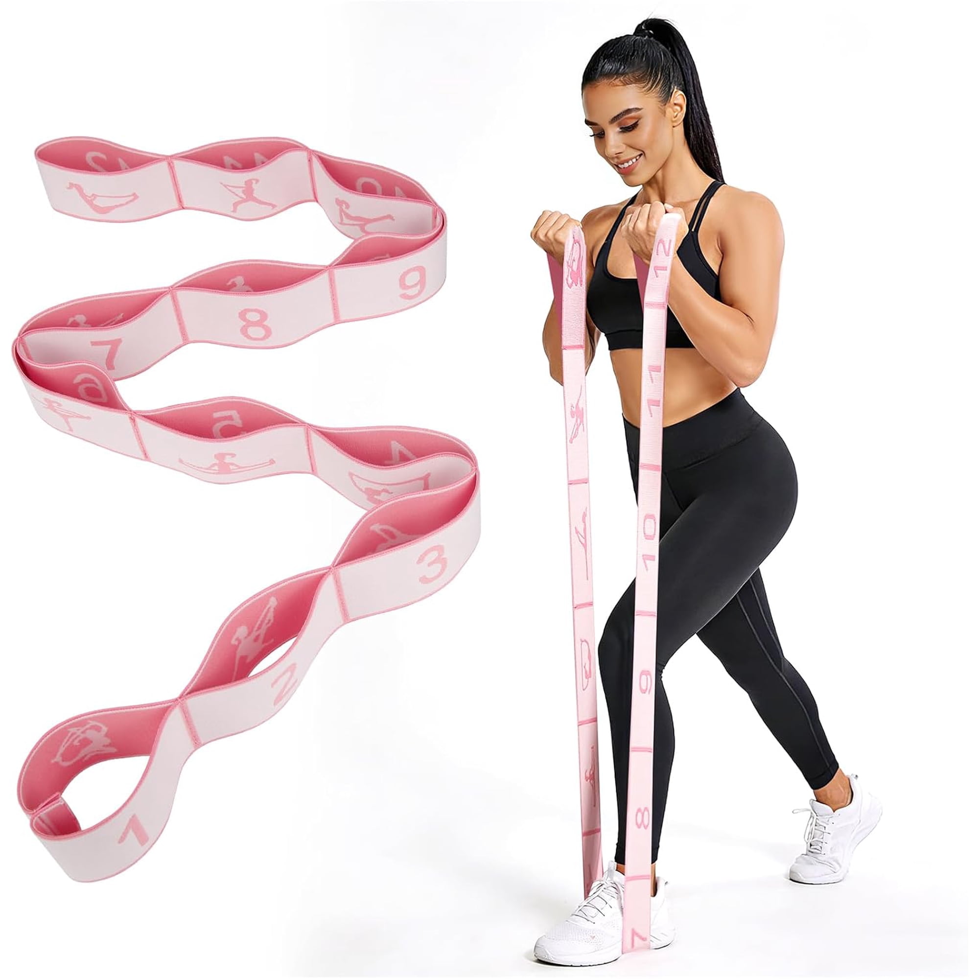 Fitness Resistance Bands with 12 Loops, Numbered Resistance Bands for Physical Therapy, Women Stretch Strap for Home Gym, Elastic Exercise Bands for Yoga, Pilates, Leg Stretching, Dance