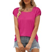 Women Plus Size T-Shirt Blouse Sawvnm Fashion Woman Causal Square Neck Solid Color Blouse Puff Short Sleeve T-Shirt Summer Tops for Women Hot Pink XL