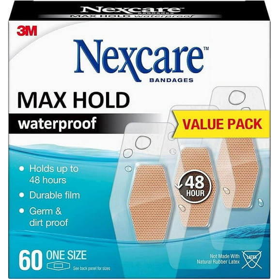 Nexcare Max Hold Waterproof Bandages, Stays On for 48 Hours, Flexible Bandages for Fingers, Knees and Heels - 60 Pack Clear Waterproof Bandages, 60 count (Pack of 1)