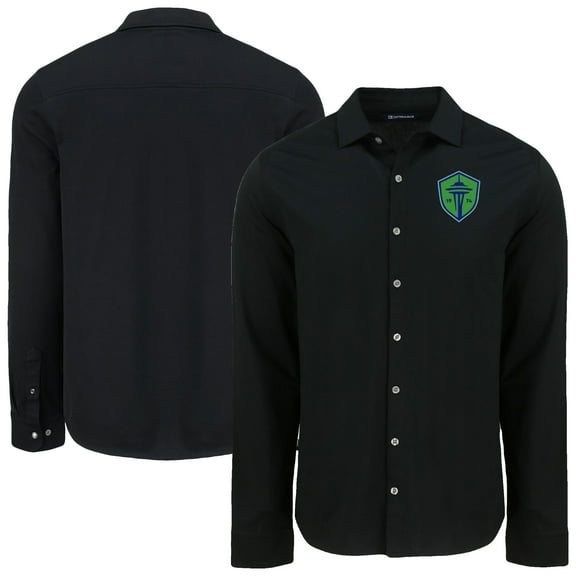 Men's-Cutter & Buck  Black Seattle Sounders FC Advantage Tri-Blend Eco Soft Pique Long Sleeve Knitted Button-Up Top