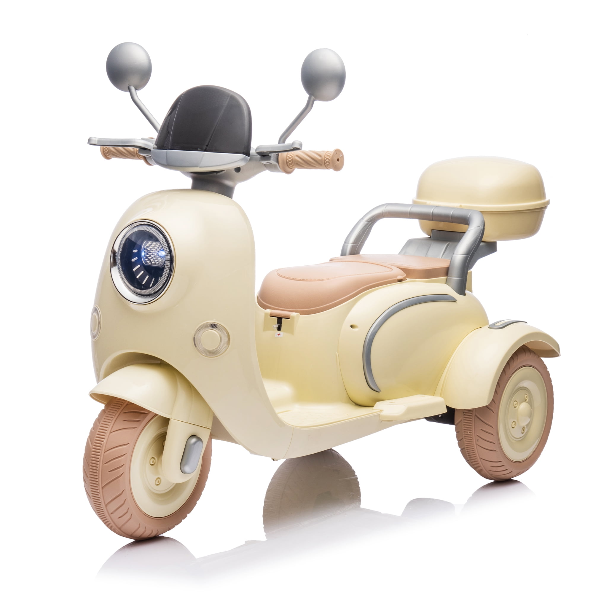 Ambifirner 12V Two-seater Ride On Level Up Electric Motorcycle,2wd,Three-wheel Toy w/Music,Bluetooth,USB,Portable Storage Hooks&Oversized Trunk,LED Headlight