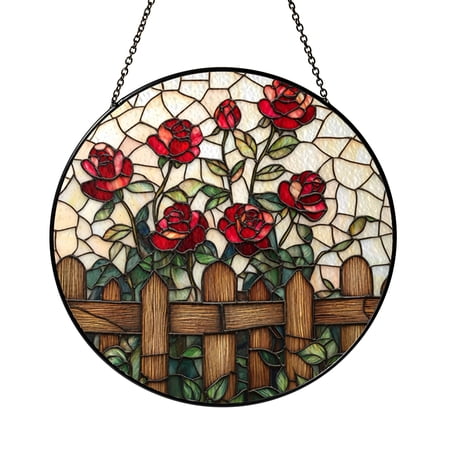 Stained Glass Style Rose Bloom Sun Catcher Round Floral Window Ornament