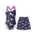 thumbnail image 2 of TiaoBug Kids Girls Printed Bathing Suit Sleeveless Jumpsuit Swimsuit with Skirts Athletic Swimwear Black 10, 2 of 7