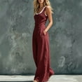 thumbnail image 4 of Women's Spaghetti Strap Cowl Neck Jumpsuit, Front Button High Waist Wide Leg Full Length Loose Solid Color Romper with Side Pockets Wine XL(XL), 4 of 6