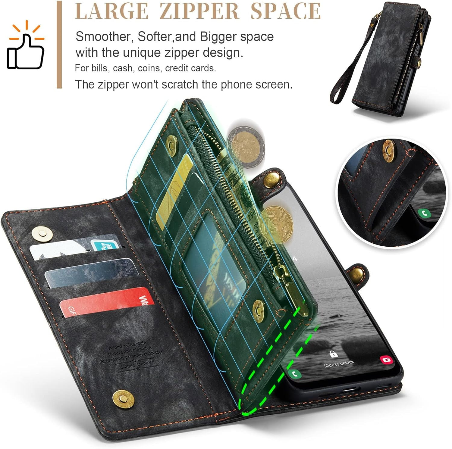 Phone Case for Samsung Galaxy A14 5G Zipper Wallet Detachable Cover with Tempered Glass Screen Protector and Leather Flip Credit Card Holder TPU Cell Accessories A 14 4G 14A G5 Women Men Black