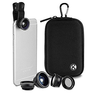 camkix deluxe universal 5in1 camera lens kit for smartphone, tablet and laptop - fish eye, 2in1 macro and wide angle, cpl and 2x tele lens, universal clip, case with carabiner and cleaning