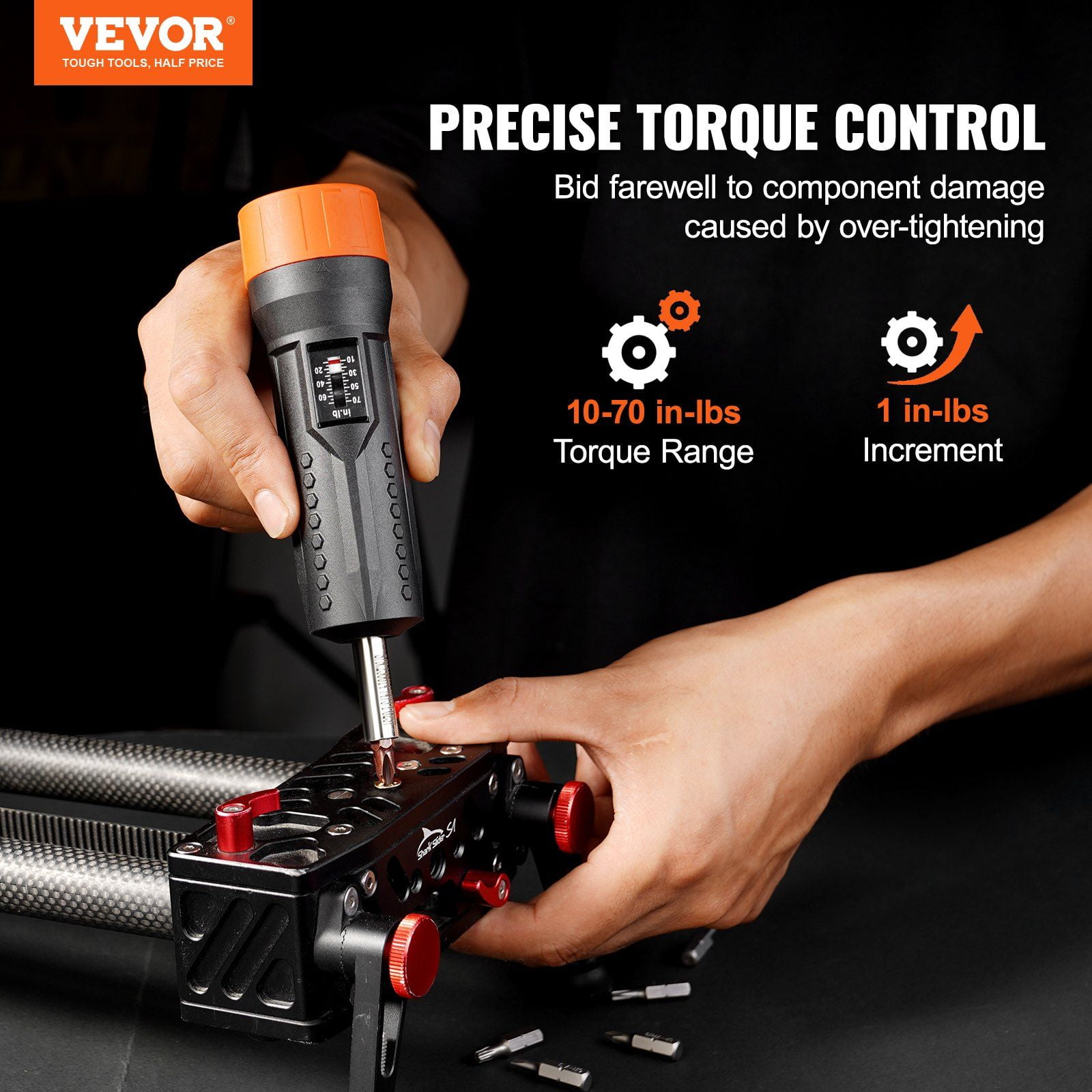 Torque Limiting Screwdriver Set for Precision Work  Adjustable 10-70 in-lbs, 1 in-lb Steps  1/4" Magnetic Drive with 12 Bits, View Window & Storage Case