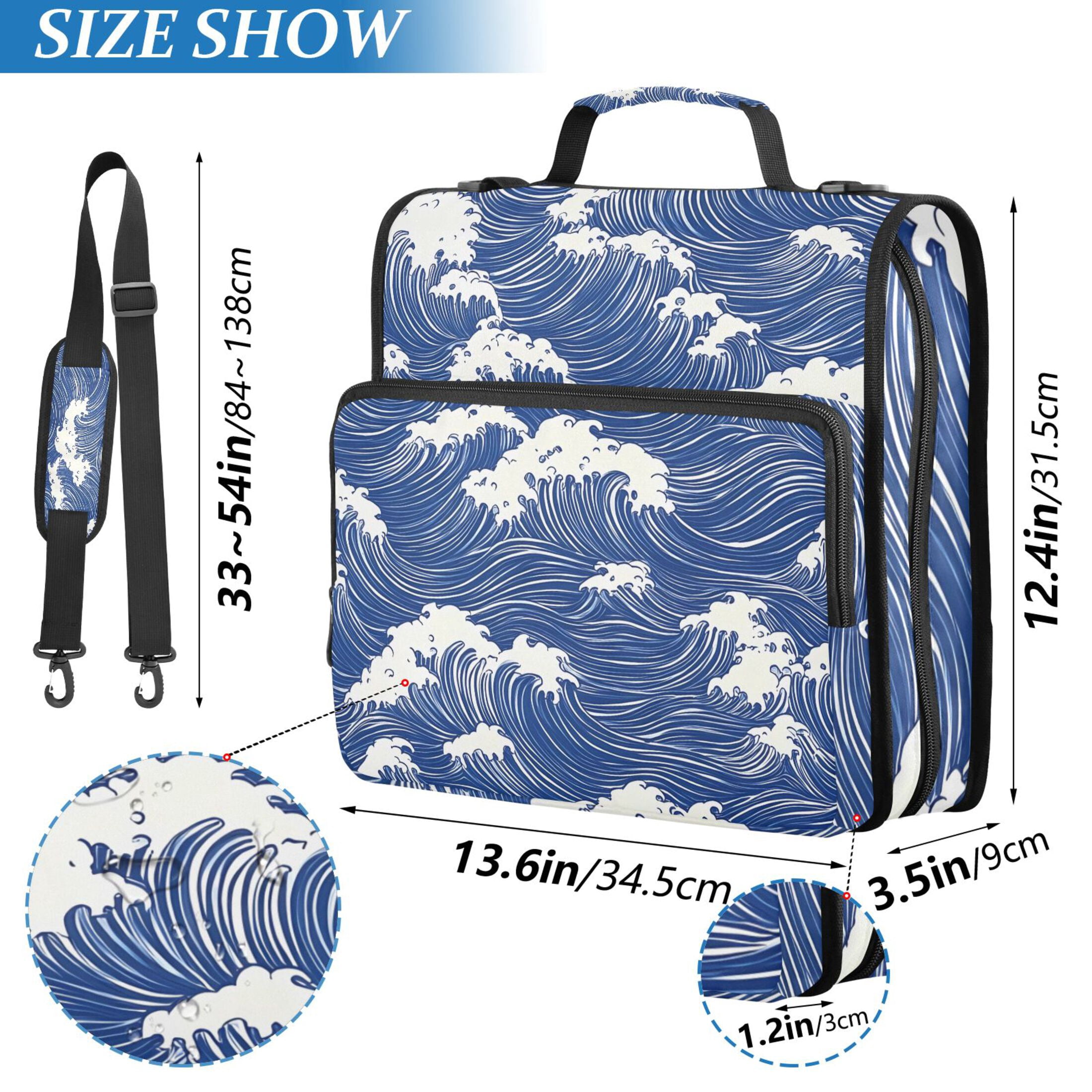 3 Ring Zipper Binder with Shoulder Strap Waterproof Trapper Keeper 2 Inch D-Ring 500 Sheets Capacity Blue White Wave