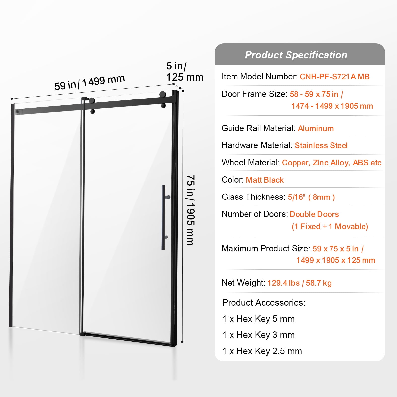 KFFKFF Frameless Sliding Shower Door, 58-59 W x 75 H in, Clear 5/16 in (8mm) Tempered Glass with Stainless Steel Components, Matte Black Finish, Waterproof and Easy to Clean