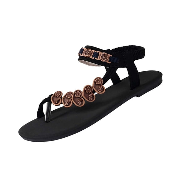 Xfvqtps Flat Sandals for Women Summer Bohemian Style Elastic Back Strappy Embroidered Open Toe Thong Shoes