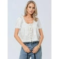 thumbnail image 3 of Women Tie Front Lace Trim Top Sheer Short Sleeve Scoop Neck Button Shirt Y2k Ruffle Flowy Boho Crop Tops White L, 3 of 6