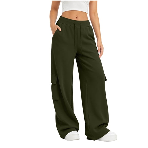 Oksale Women's Cargo Sweatpants Tall Pull On Straight Leg Sweat Pants with Pockets Elastic Drawstring High Waisted Track Pants Fall Clothes Army Green M