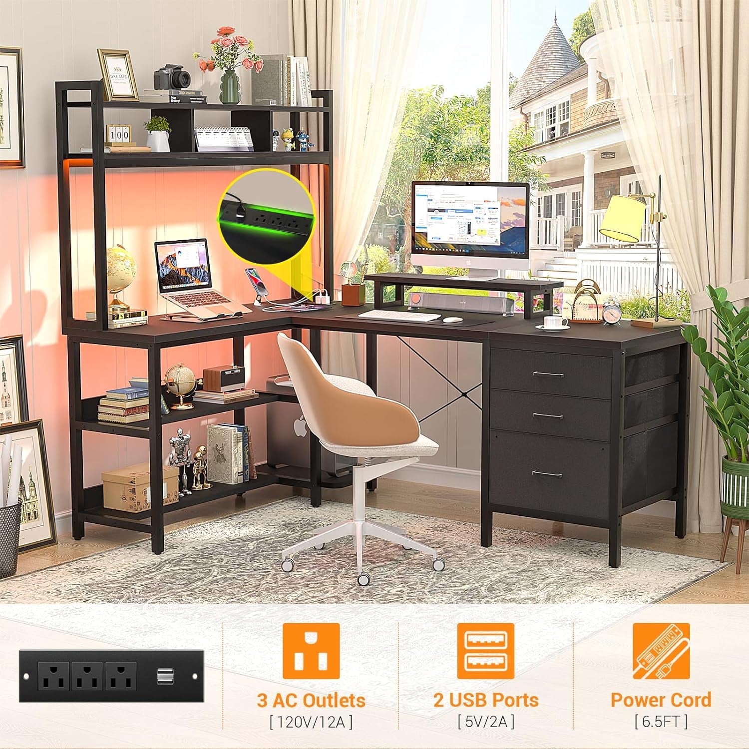 iSunirm L Shaped Gaming Desk with Storage, Computer Gaming Desk with LED Lights & Hutch, Reversible Computer Desk with Power Outlet, Corner Desk with Drawers, Shelves for Home, Black