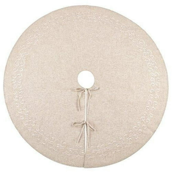 Fennco Styles Holiday Embroidered Swirl Design Decorative Linen Blend Christmas Tree Skirt