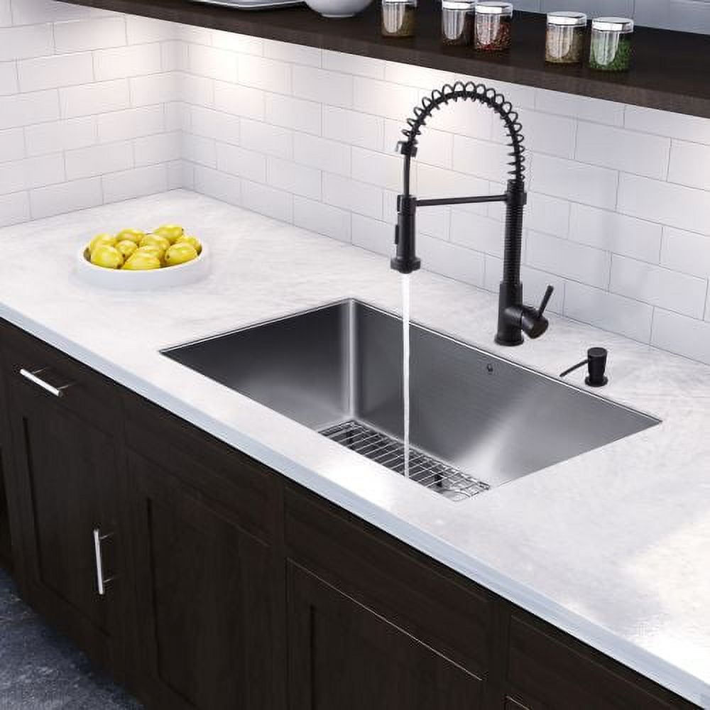 VIGO All-In-One 30 Camden Stainless Steel Farmhouse Apron Kitchen Sink Set  With Greenwich Faucet In Matte Black, Grid, Strainer And Soap Dispenser